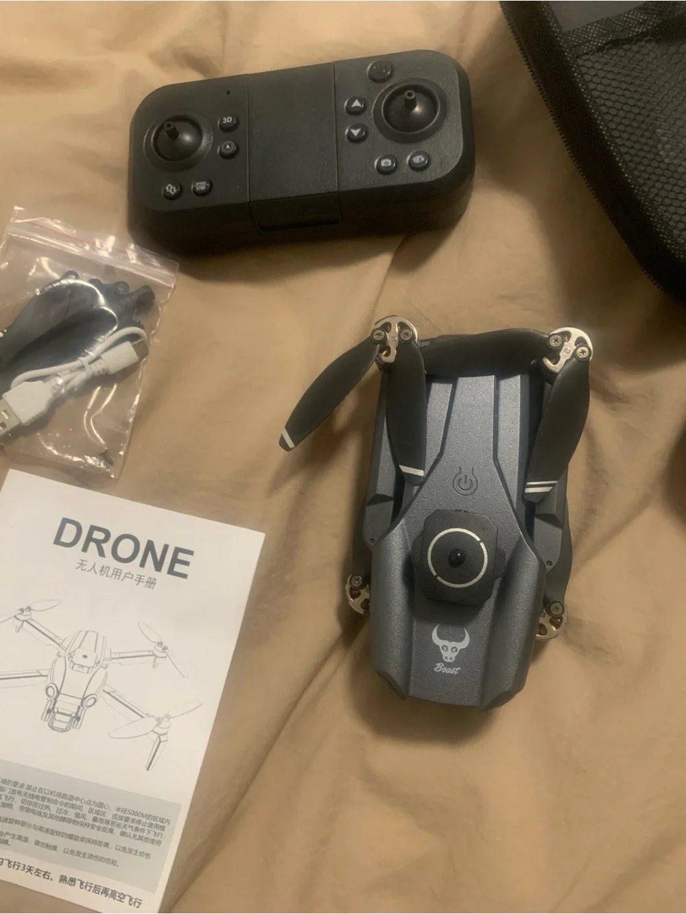 Black VR/Drone Controller with USB Cable and Spare Propellers